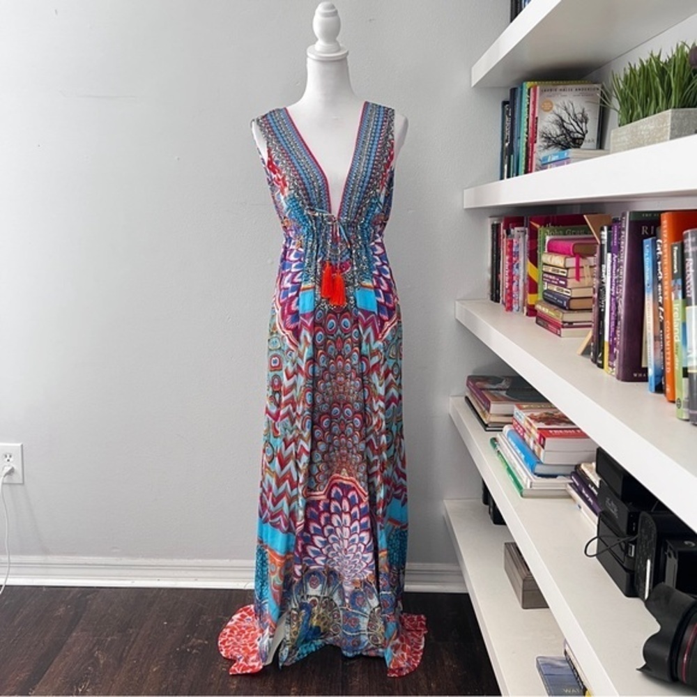 True Colors NWT LA MODA Clothing Peacock Halter Maxi Dress Swim Cover Up Sz S/M